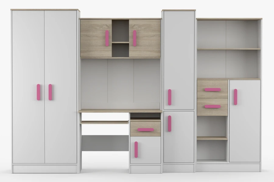 Frontalansicht Kinderzimmer-Set weiß Holzoptik mit pinken Griffen und funktionalen Regalen