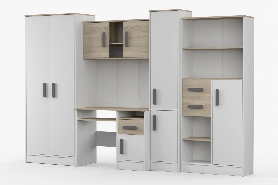 Jugendzimmer Möbelset in Weiß und Eiche mit grauen Griffen, inklusive Schrank und Schreibtisch