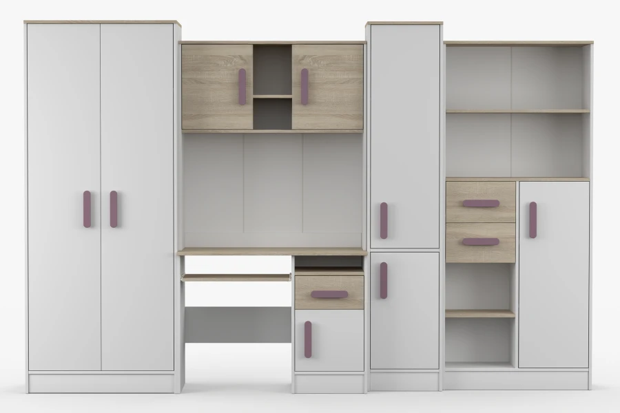 Jugendzimmer Set Frontansicht: Weißer Schrank, Schreibtisch und Regal mit lila Akzenten.