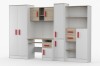 Modernes Kinderzimmer Möbelset in Weiß-Eiche mit roten Griffen, Schreibtisch-Kombination.