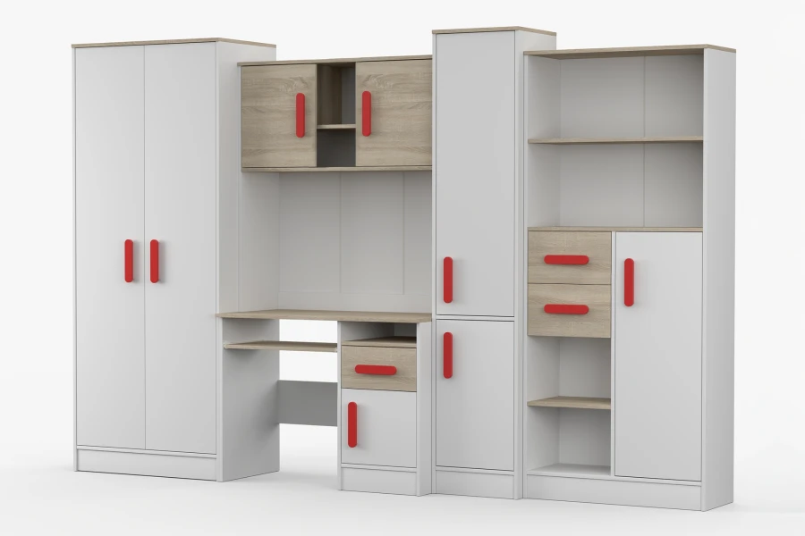 Modernes Kinderzimmer Möbelset in Weiß-Eiche mit roten Griffen, Schreibtisch-Kombination.