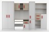 Kinderzimmer-Set Weiß und Eiche mit Schrank, Schreibtisch und Regal, rote Griffe.