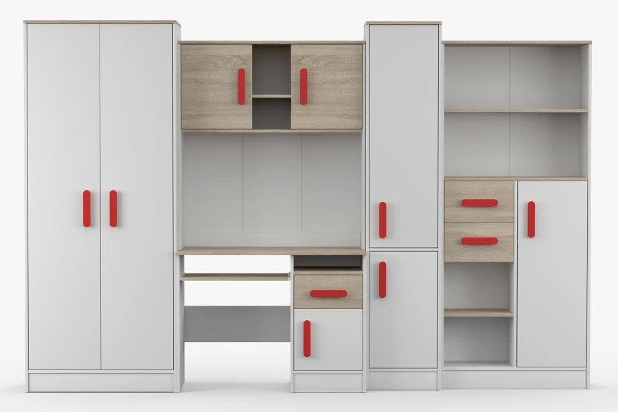 Kinderzimmer-Set Weiß und Eiche mit Schrank, Schreibtisch und Regal, rote Griffe.
