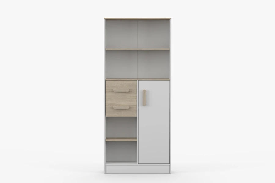 Weißes Standregal mit Eichen-Details, zwei Schubladen und einer Tür für das Kinderzimmer.