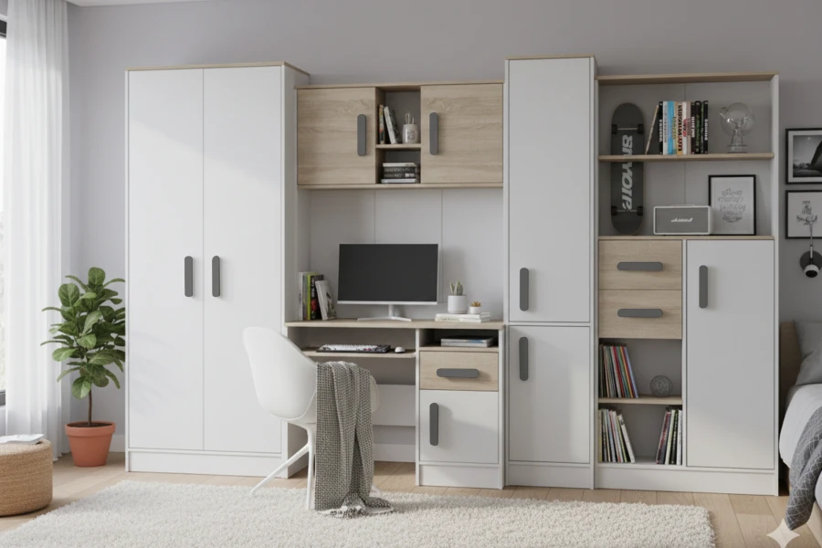 Jugendzimmer Möbelset in Weiß und Eiche mit dunkelgrauen Griffen, Schreibtisch-Kombination und Schrank.