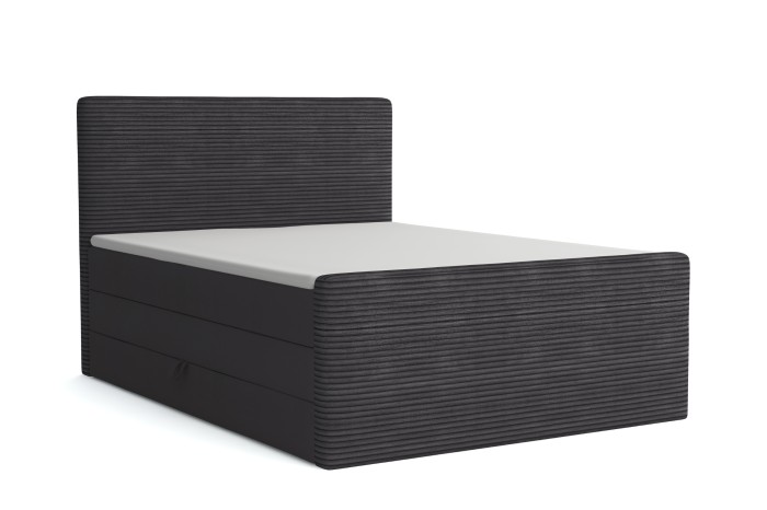 Grey box spring bed with ribbed headboard and integrated bed storage box on a white background.