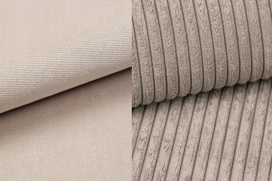 Close-up van beige meubelstof: vergelijking tussen gladde geweven stof en geribbelde corduroy-structuur.