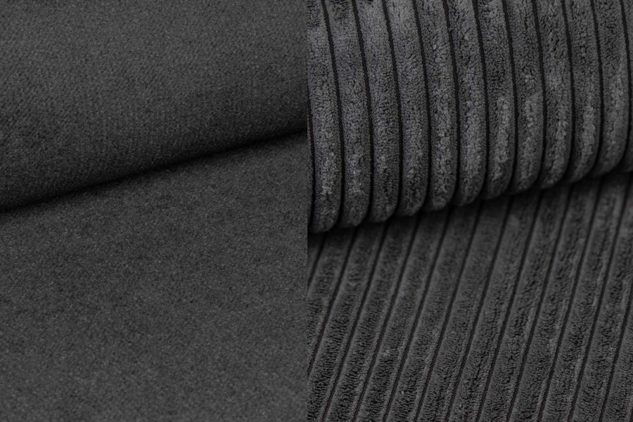 Detailweergave donkergrijze stofstalen: gestructureerde ribstof en bijpassende gladde textielbekleding.