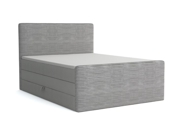 Grey upholstered bed with structured corduroy surface and bed storage box, isolated on white.