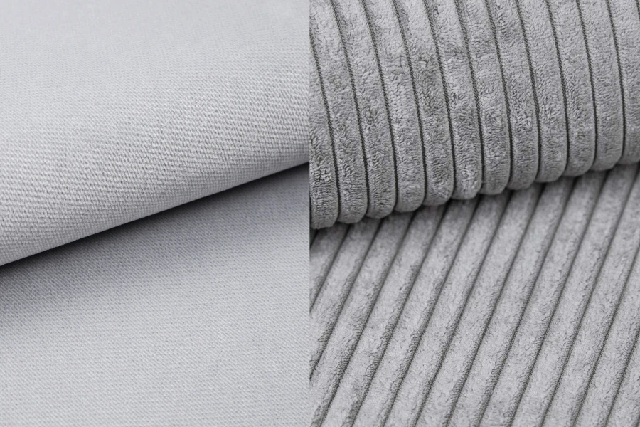 Grey fabric samples: close-up of woven fabric and corduroy fabric for modern upholstered furniture.