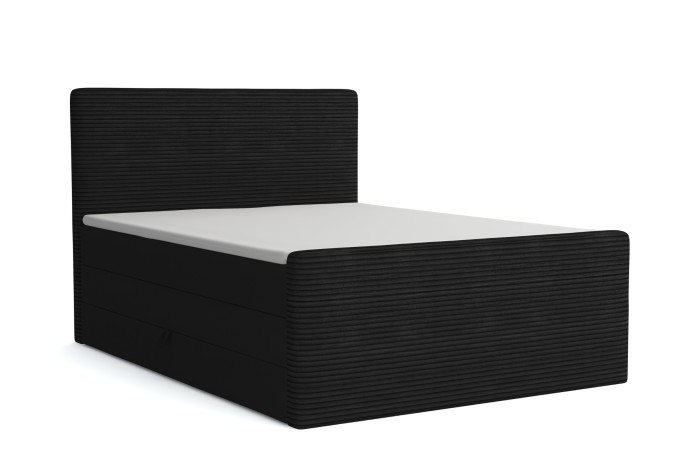Zwart boxspringbed in cord-look met hoog hoofdbord, vrijstaand op wit.