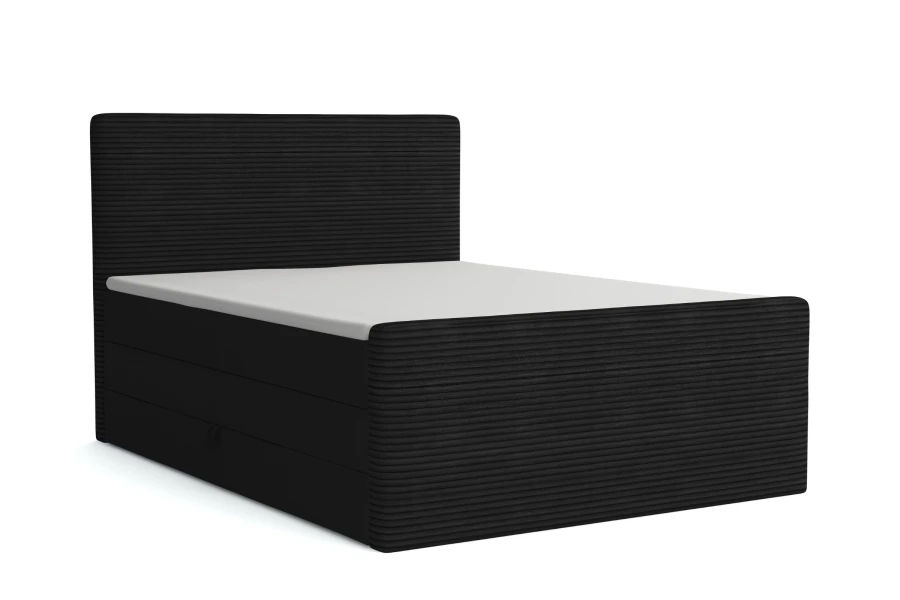 Black boxspring bed corduroy look with high headboard, isolated on white.