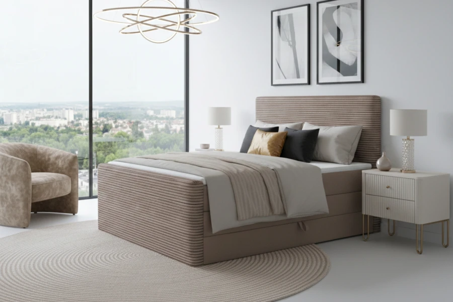 Elegantes braunes Boxspringbett mit Rillen-Design vor großem Panoramafenster.