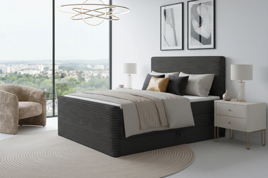 Dunkelgraues Boxspringbett mit modernem Kopfteil in stilvollem Schlafzimmer.