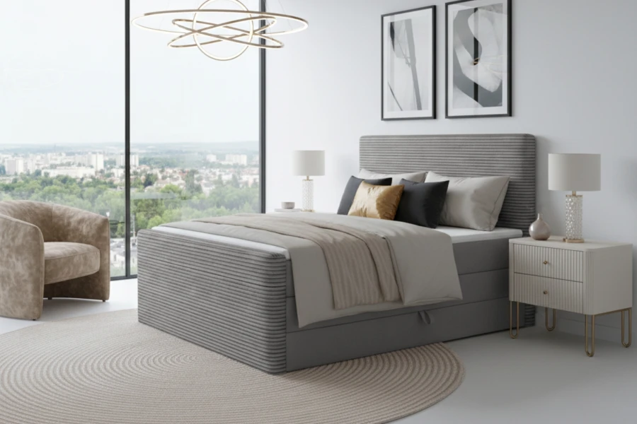 Hellgraues Boxspringbett mit Textur in minimalistischem Raum mit Stadtblick.