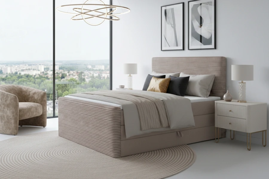 Beiges Boxspringbett mit geripptem Stoff und dekorativen Kissen im Schlafzimmer.