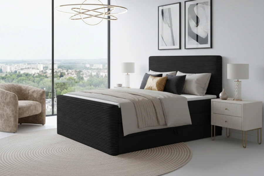 Schwarzes Boxspringbett mit strukturiertem Kopfteil in modernem Interieur.