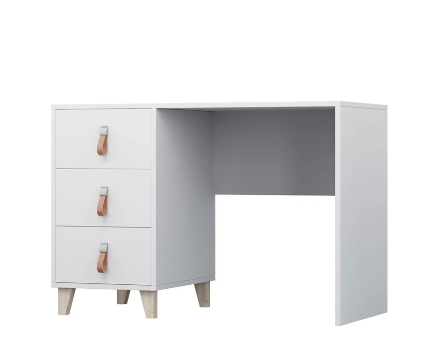 Moderner weißer Schreibtisch mit Ledergriffen und Holzfüßen für das Kinderzimmer.