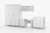Moderne weiße Möbelkombination aus der Fagot-Serie mit Kleiderschrank, Schreibtisch und Kommode.