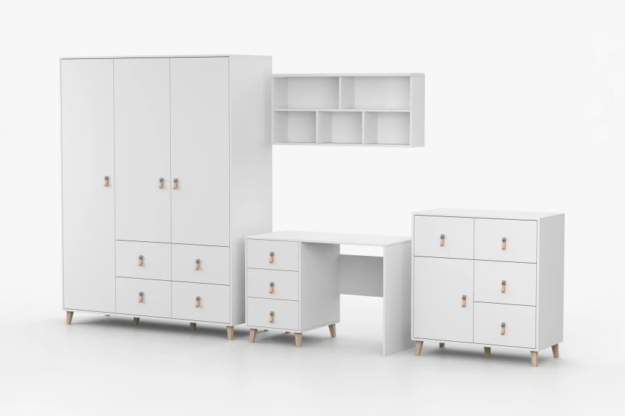 Moderne weiße Möbelkombination aus der Fagot-Serie mit Kleiderschrank, Schreibtisch und Kommode.