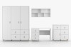Frontalansicht Fagot Möbelset in Weiß mit Schrank, Regal, Schreibtisch und Kommode für das Jugendzimmer.