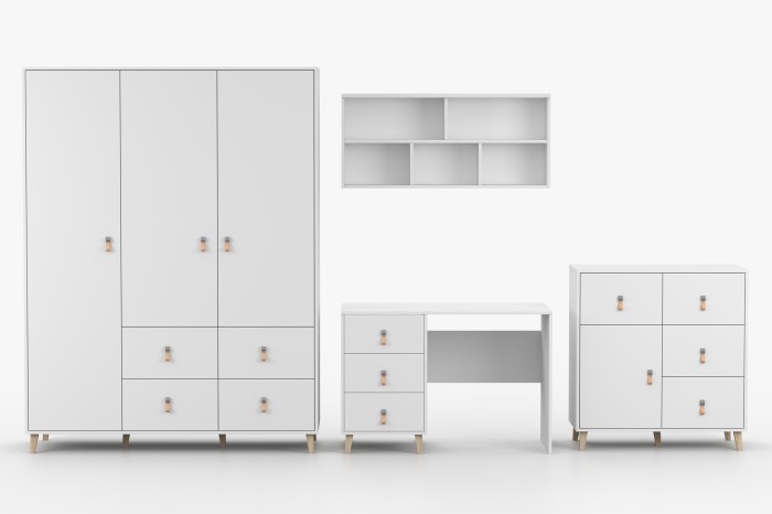 Frontalansicht weißes Jugendzimmer-Set: Kleiderschrank, Schreibtisch mit Schubladen und Kommode.