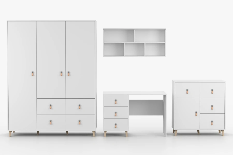 Frontalansicht Fagot Möbelset in Weiß mit Schrank, Regal, Schreibtisch und Kommode für das Jugendzimmer.