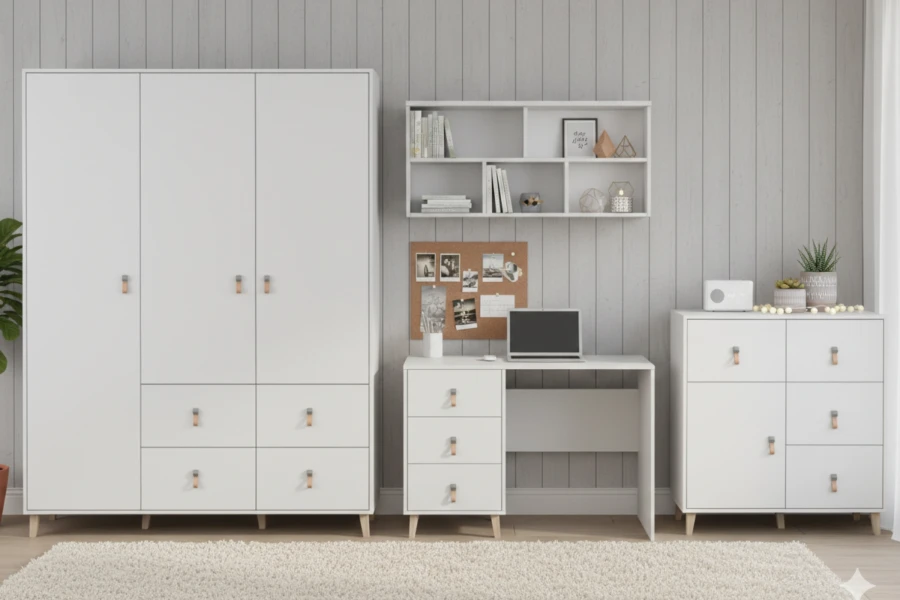 Modernes weißes Jugendzimmer-Set mit Kleiderschrank, Schreibtisch und Kommode vor Holzwand.