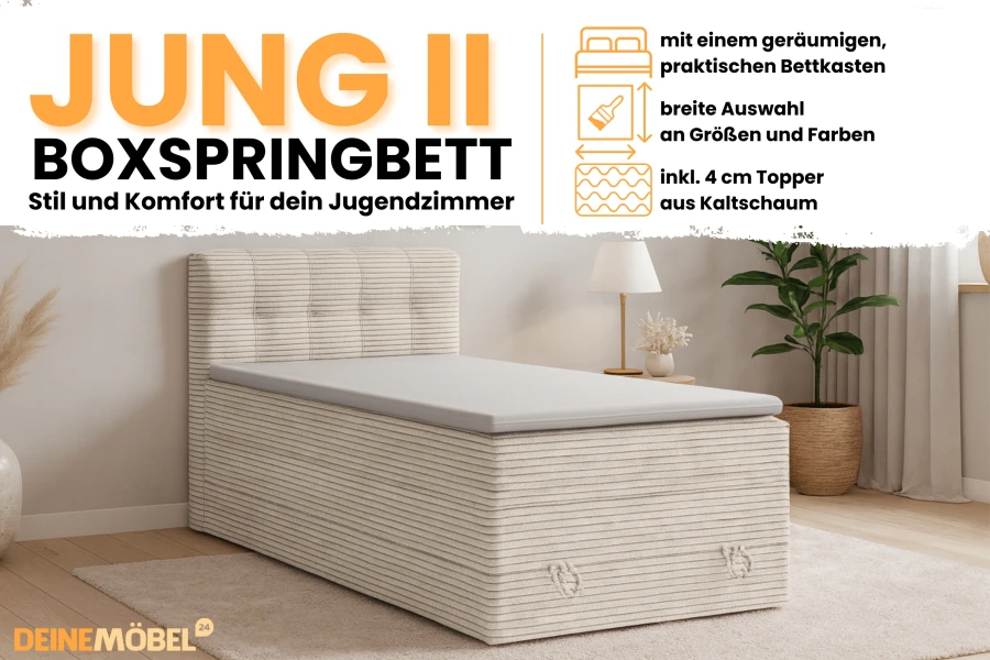 JUNG II Boxspringbett: Details zu Bettkasten, Topper und Farbauswahl für das ideale Jugendzimmer.