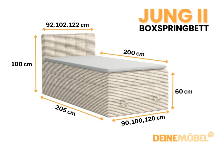 Maße für das Jung II Boxspringbett: Infografik zur Größe.