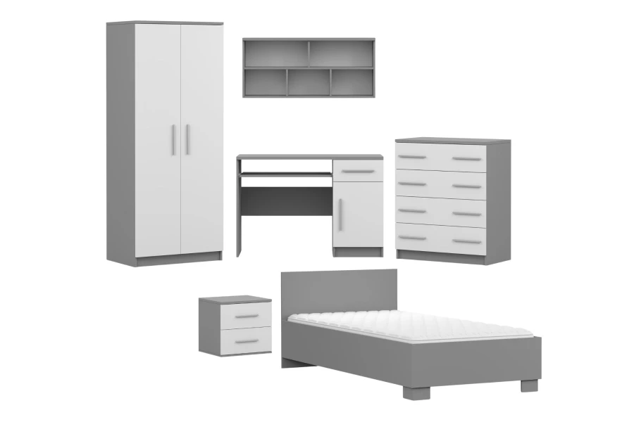 6-teiliges Möbelset für Kinderzimmer oder Jugendzimmer in zeitlosem Grau-Weiß Design.