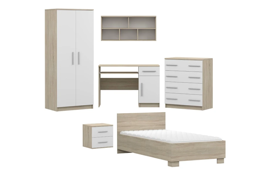 Jugendzimmer-Set in Eiche-Optik und Weiß: Kleiderschrank, Schreibtisch, Kommode und Bett.