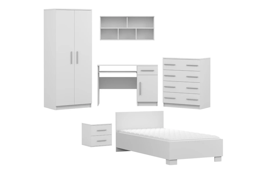 Kinderzimmer-Möbelset komplett in Weiß mit Bett, Schrank, Schreibtisch und Wandregal.