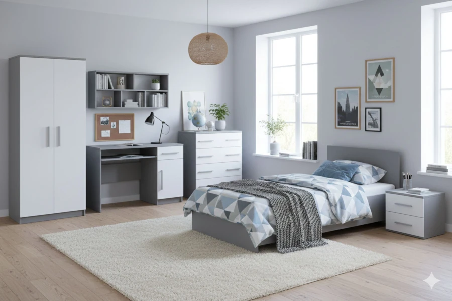 Modernes Jugendzimmer in Grau-Weiß mit Bett, Schreibtisch und Teppich in wohnlichem Design.