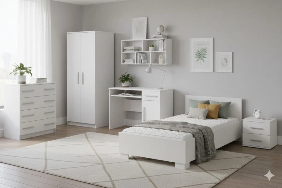 Helles Kinderzimmer in Weiß mit Bett, Schreibtisch und Schrank für eine moderne Einrichtung.