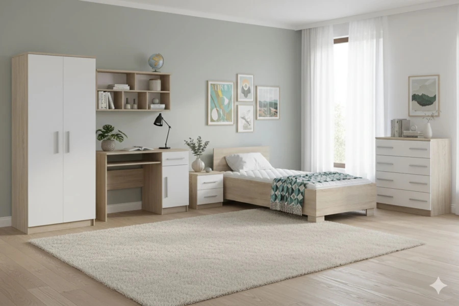 Jugendzimmer-Set in Eiche und Weiß mit Bett, Schreibtisch und Kleiderschrank.