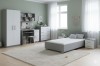 Modernes Kinderzimmer-Möbelset in Grau und Weiß mit Einzelbett und Schreibtisch.