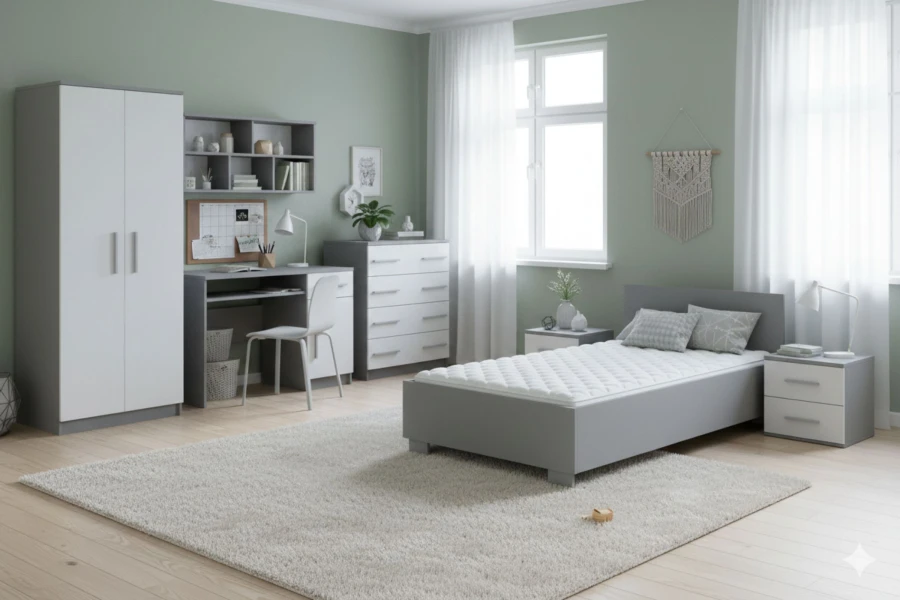 Modernes Kinderzimmer-Möbelset in Grau und Weiß mit Einzelbett und Schreibtisch.