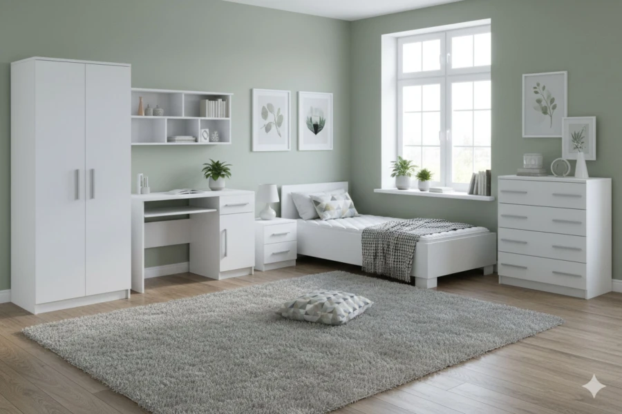 Komplettes Jugendzimmer in Weiß: Kleiderschrank, Bett und Schreibtisch im Set.