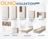 Olmo Kollektion: Übersicht der Möbel in Eiche-Optik und Weiß mit Maßangaben.