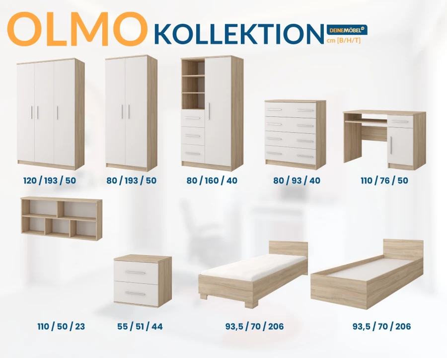 Olmo Kollektion: Übersicht der Möbel in Eiche-Optik und Weiß mit Maßangaben.