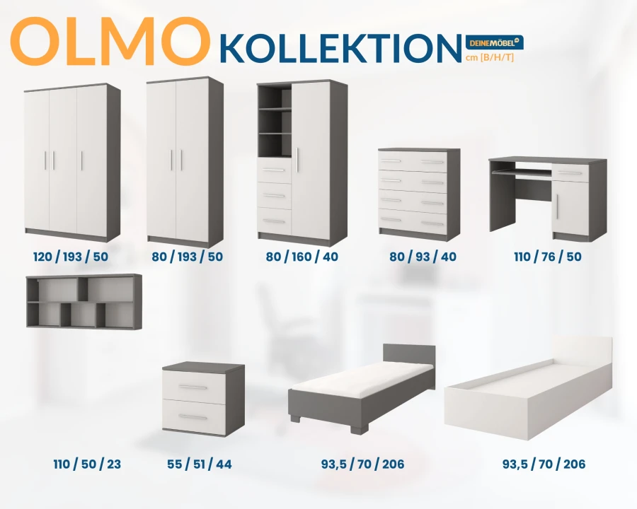 OLMO Möbel Set in Grau Weiß – Übersicht Jugendzimmer Möbel mit Schrank, Regal, Bett und Schreibtisch.