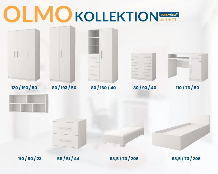 Olmo Möbelkollektion: Übersicht weißer Jugendmöbel wie Kleiderschränke, Kommoden und Bett.