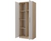 Geöffneter Schrank in Eiche-Optik mit weißer Front, Einlegeböden und Kleiderstange.