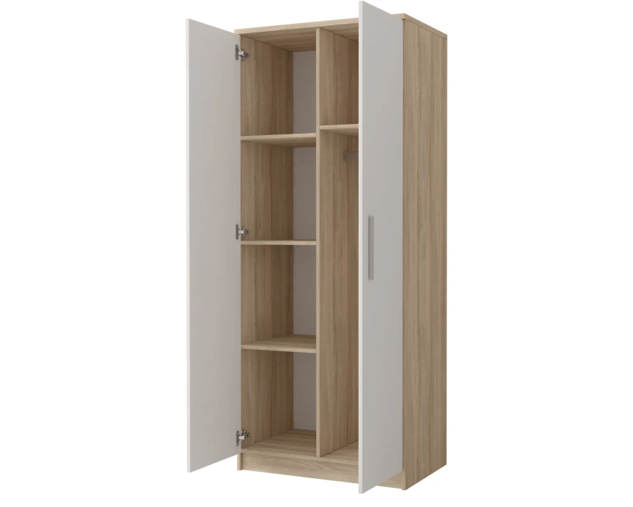 Geöffneter Schrank in Eiche-Optik mit weißer Front, Einlegeböden und Kleiderstange.