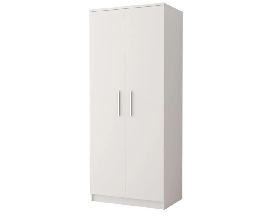 Moderner zweitüriger Kleiderschrank in Weiß mit schlichten silbernen Griffen.
