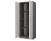 Offener weißer Kleiderschrank mit grauer Inneneinteilung, Regalböden und Kleiderstange.