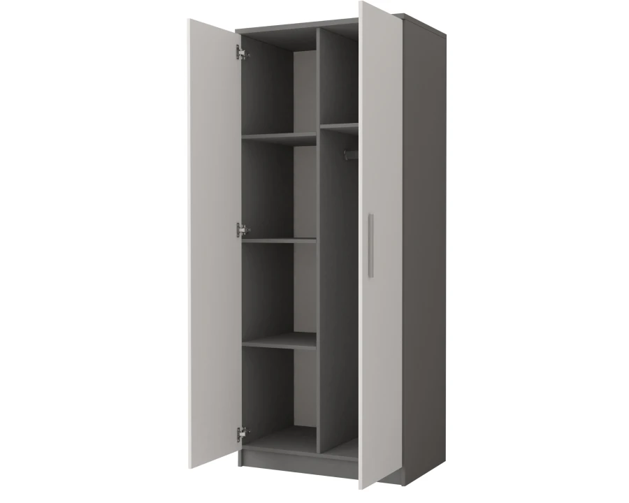 Offener weißer Kleiderschrank mit grauer Inneneinteilung, Regalböden und Kleiderstange.