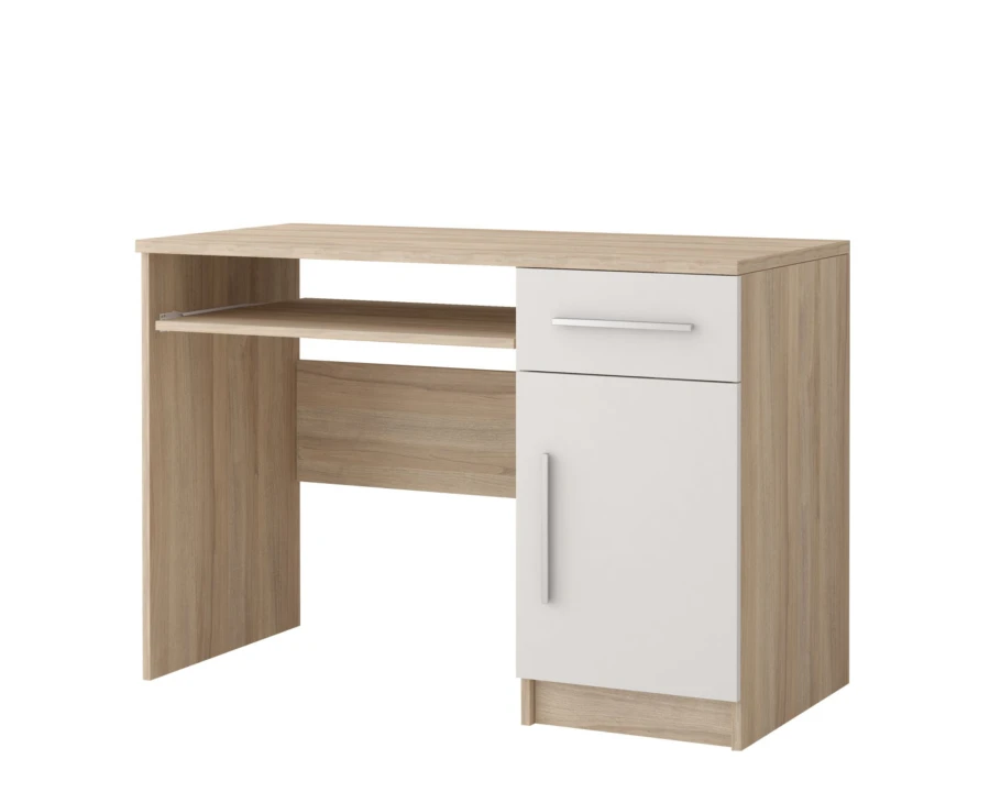 Kompakter Schreibtisch in Eichen-Optik mit weißer Schublade und Tür für das Homeoffice.