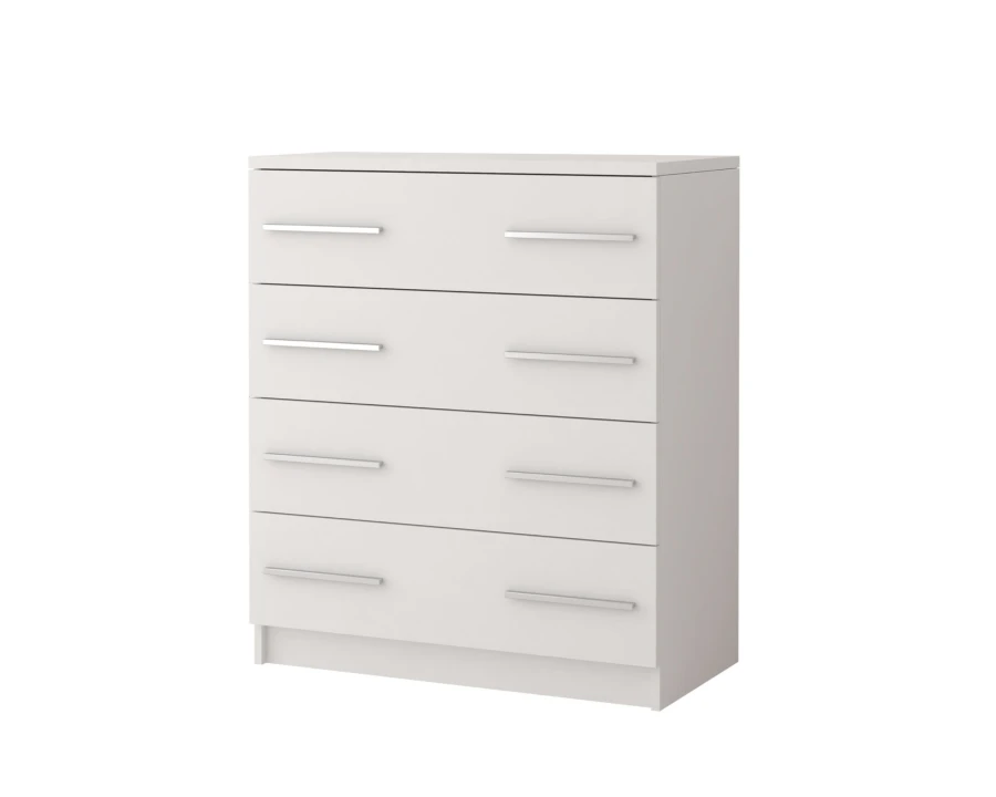 Moderne weiße Kommode mit 4 breiten Schubladen und silbernen Griffen für das Schlafzimmer.